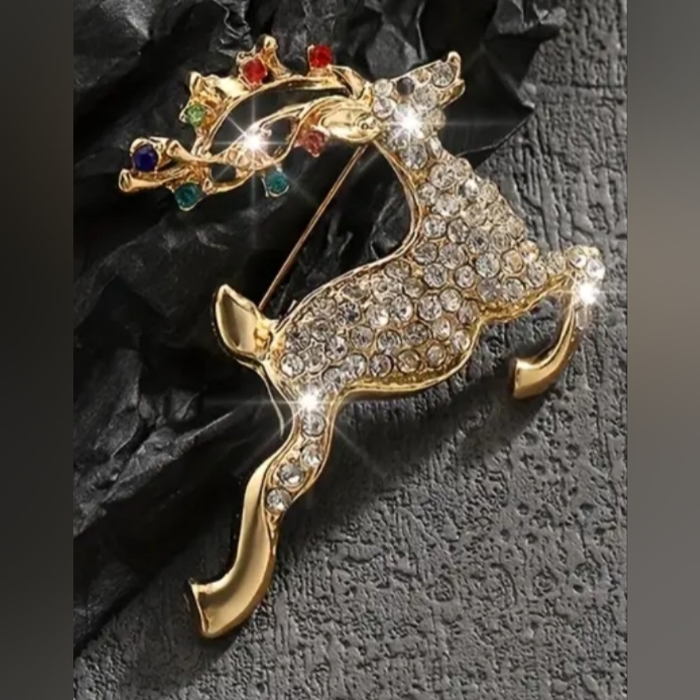 NEW!Elegant Holiday Gold Reindeer Christmas Brooch Multicolor‎ Accents-(#327)
